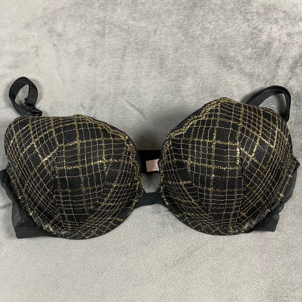 Victoria's Secret Black Gold Metallic Glitter Grid Push-Up Bra 36C